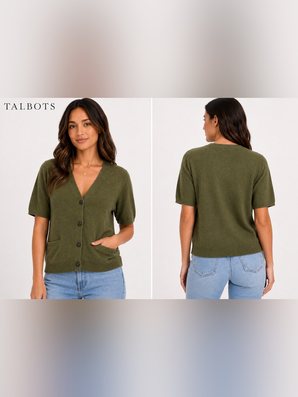 Talbots Large Olive Green Cardigan Sweater Lambswool Angora Cashmere Short Sleev